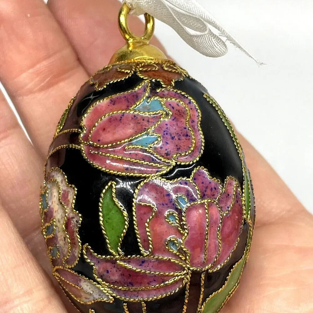 Pink Black Gold Floral Cloisonne‎ EGG Ornament Vintage